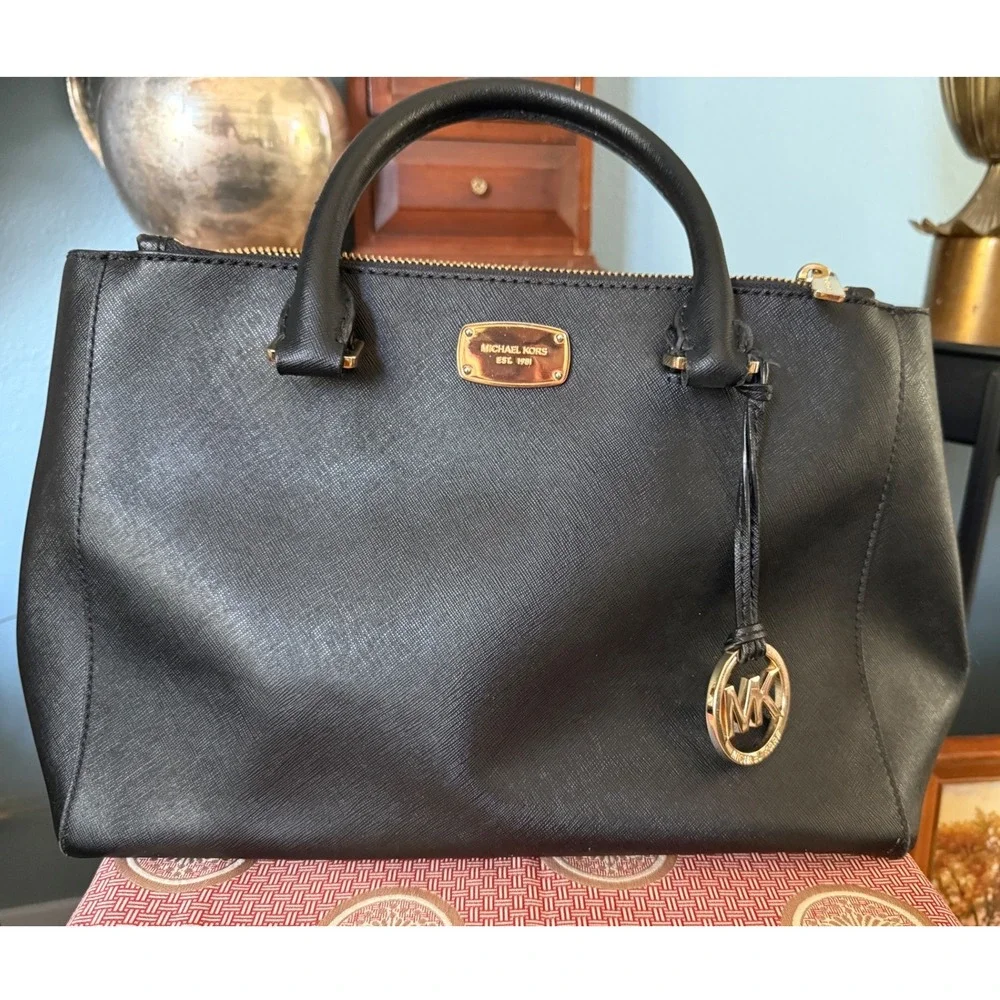 Michael Kors Black Saffiano Leather Satchel Handbag Gold Hardware MK Charm
